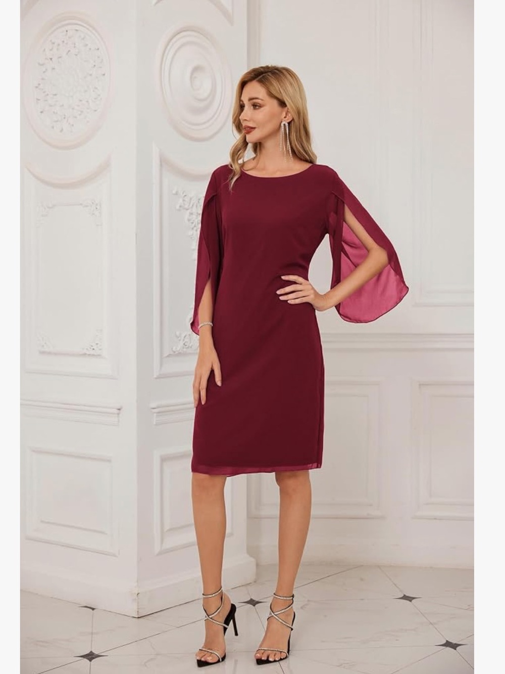 Grace Karin Burgundy Midi Dress with Split Draped Sleeves Size XL